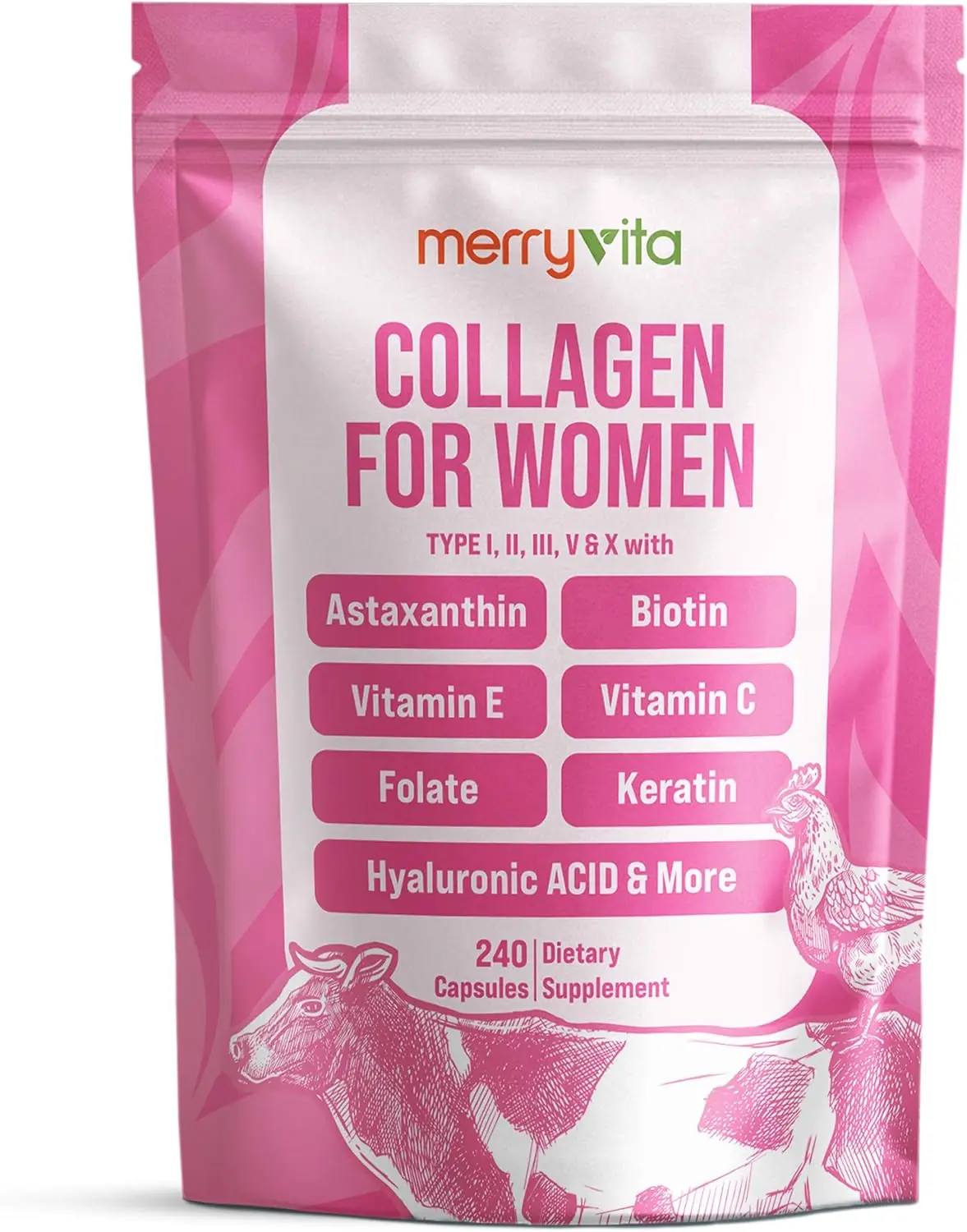 MERRY VITA Women's Hydrolyzed Multi Collagen Peptide Supplement - Types I,II,III,V & X, Vitamin C, Biotin, Hyaluronic Acid - Grass-Fed, Non-GMO, 240 Capsules