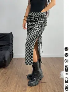 Women's Plaid Adjustable Drawstring Waist Skirt, Casual Sporty Activewear Split Design, Slim Fit Half-Length Skirt for Daily Wear & Outdoor Activities, Bottom