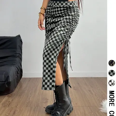 Women's Plaid Adjustable Drawstring Waist, Casual Sporty Activewear Split Design, Slim Fit Half-Length Skirt for Daily Wear & Outdoor Activities, Slim Fitting Skirt, Sports Skirts, Bottom, Womenswear, Fashion Plaid Skirt