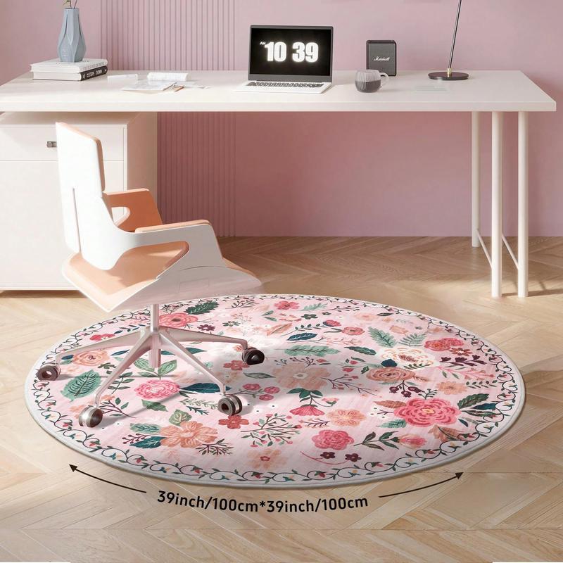 New Round Floral Boho Rug with Pink, Green & White Flowers on Beige - Low Pile Washable Non-Slip Circle Rug for Bedroom, Bathroom or Dorm