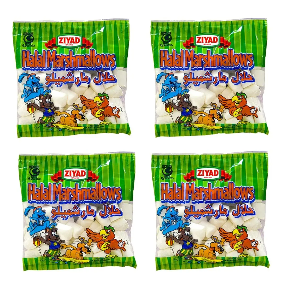 Ziyad Halal Large Vanilla Marshmallows with Halal Beef Gelatin, 250g (Pack of 4) - Soft Fluffy Roasting Snacks