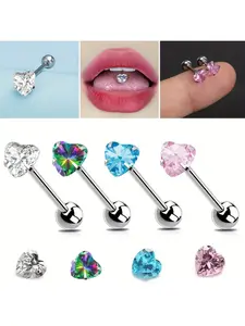 4 Piece Set Multi-Color Heart-Shaped Tongue Studs, Elegant Simple Design, Perfect for Daily Wear and Parties