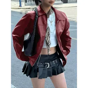 Women's PU Leather Jacket, Fall Winter Fashion Street Style, Casual Loose-Fitting Zipper Long Sleeve Coat, Elegant Plain Design, Casual Fashionable Outerwear