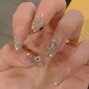 US-NAIL - 24 Pcs Short Coffin Press On Nails Pink White False Nails with Rhinestone Reusable Fake Nails With Jelly Tab