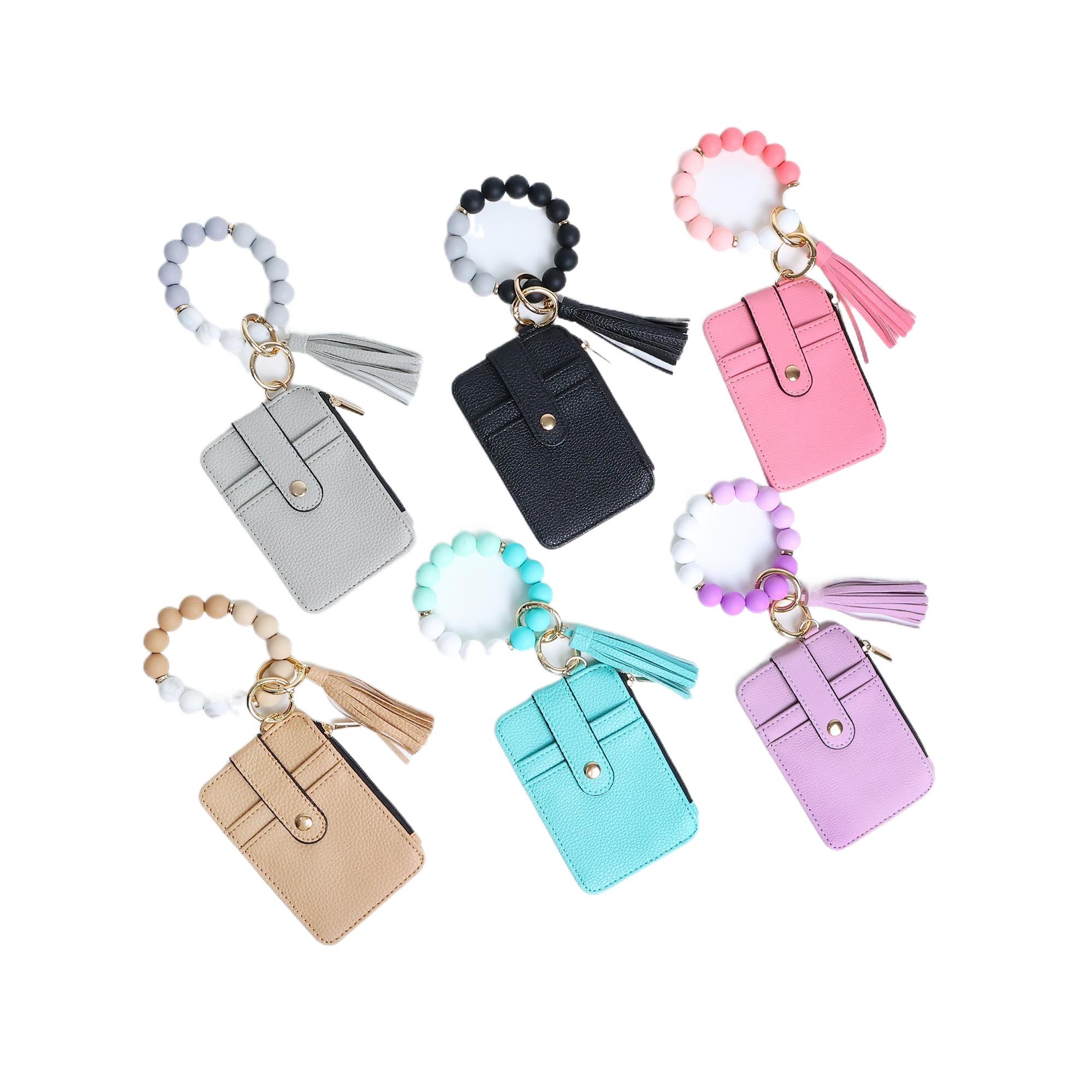 2-in-1 Faux Leather Keychain with Beaded Bracelet, Detachable Wristlet and Card Holder, Stylish Accessory Set for Daily Use or Gifting
