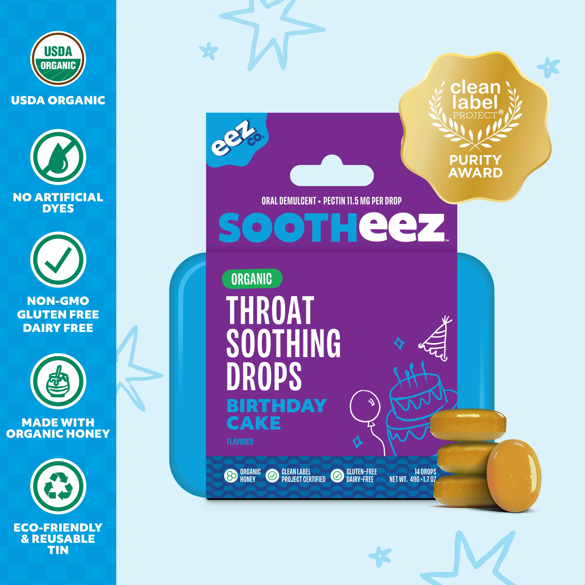 Sootheez by EEZ Co. Organic Throat Soothing Drops, Birthday Cake, For Adults
