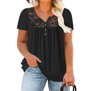 DOLNINE Womens Plus Size Tops Short Sleeve Henley tShirts Lace Pleated Buttons Up V Neck Tunic Blouses oversized summer clothes DPS1083