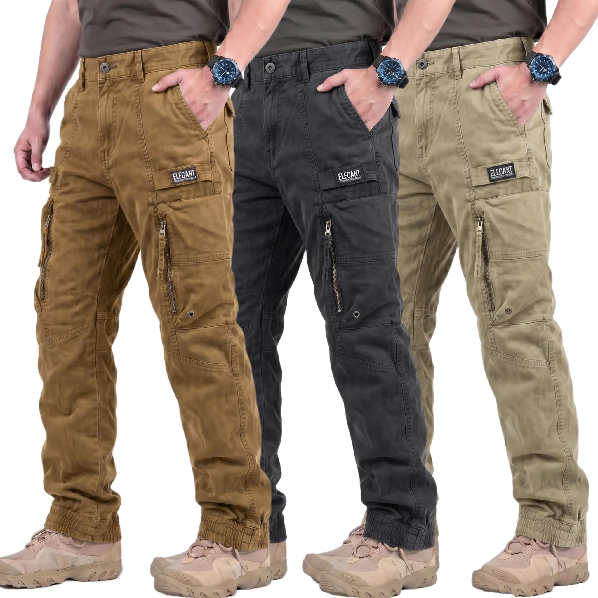 Men's Casual 100% Cotton Cargo Pants, Mid Waist Straight Fit Ankle Length Trousers with Multiple Pockets for Outdoor Athletic Menswear, Machine Wash, Minimalist, Outdoors, Solid, Normal Type