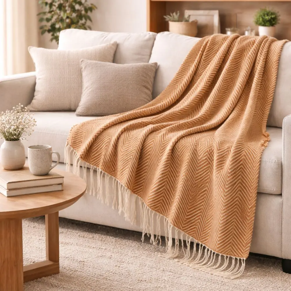 Pre-Washed Heavy-Gauge Cotton Weighted Woven Blanket Throw - Nordic Organic Woven Fabric, All-Seasons Bedding Accessory, Artisanal Texture, Eco-Friendly Craftsmanship for Sofa, Armchair, Tin-Infused Design