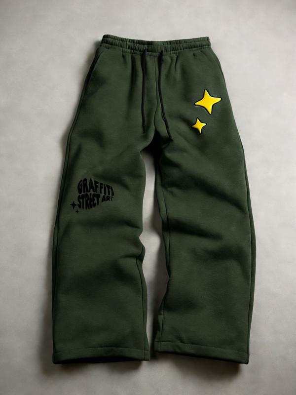 Men's Black "Graffiti Street Art" Star Graphic Wide-Leg Sweatpants - Trending #UrbanStreetStyle, Hot-Selling Fashion Bottoms for Daily/Cool Looks, Must-Have in Men's Apparel with Street Art Aesthetic & Relaxed Silhouette