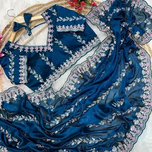 Zimmy Choo Silk Saree with Ready Blouse Navy Blue with Floral Embroidery and Matching Accessories