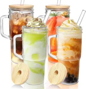 4 Pack Large Glass Tumblers with Bamboo & Plastic Lids Straws, Iced Coffee Smoothie Cups with Cleaning Brushes, Ideal for Home Office Travel & Perfect Valentine’s Day Gift