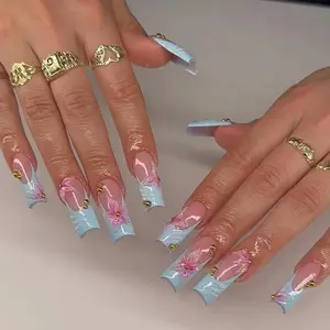 jasonj.nail Blue Floral French Press-On Nails, Hand-Painted Flower Detail with Soft Nude Base and Light Blue Tips, Elegant Clean Aesthetic, Everyday Nail Art, Custom Handmade Set