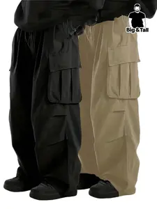 【Plus Size】 Men's Solid Flap Pocket Drawstring Waist Cargo Pants, Casual Streetwear Pants, Casual Loose Fit Street Fashion Trousers for Daily Wear, Men's Bottoms for Spring & Fall