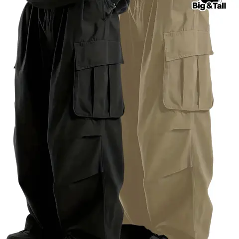 【Plus Size】 Men's Solid Flap Pocket Drawstring Waist Cargo Pants, Casual Streetwear Pants, Casual Street Style, Casual Loose Fit Street Fashion Trousers for Daily Wear, Men's Bottoms for Spring & Fall