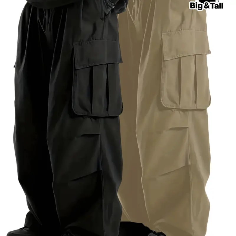 【Plus Size】 Men's Solid Flap Pocket Drawstring Waist Cargo Pants, Casual Streetwear Pants, Casual Street Style, Casual Loose Fit Street Fashion Trousers for Daily Wear, Men's Bottoms for Spring & Fall