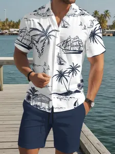 Men's 2-Piece Tropical Sailboat & Palm Tree Print Shirt & Shorts Set – Summer Beach Outfit