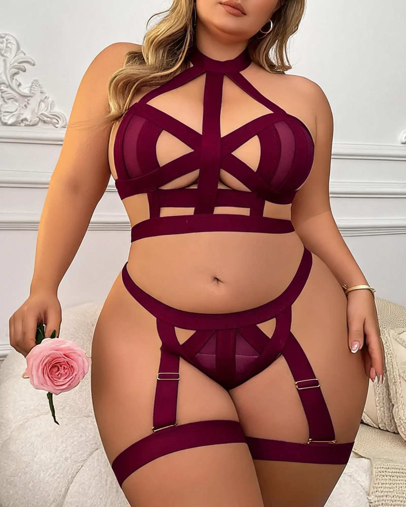 Plus Size 4 Piece Lingerie Set Sexy Strappy Caged Bra And Thong Panty With Leg Garters Mesh Cut Out Nightwear Boudoir Photoshoot Outfit Exotic Clubwear Bachelorette Gift