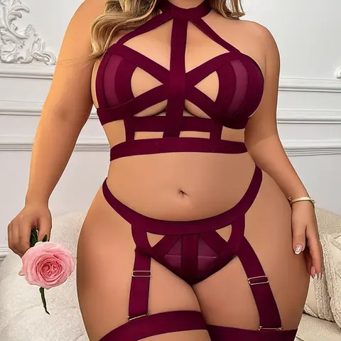 Plus Size 4 Piece Lingerie Set Sexy Strappy Caged Bra And Thong Panty With Leg Garters Mesh Cut Out Nightwear Boudoir Photoshoot Outfit Exotic Clubwear Bachelorette Gift