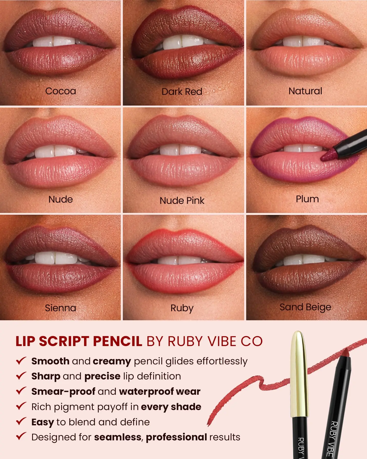 RUBY VIBE CO Lip Script Lip Liner Pencil, Long-Wearing Lip Pencil with Smooth Glide, Smudge-Resistant Lip Liners, Precision Lip Contour, Available in 9 Shades Including Mauve Lip Liner Tones