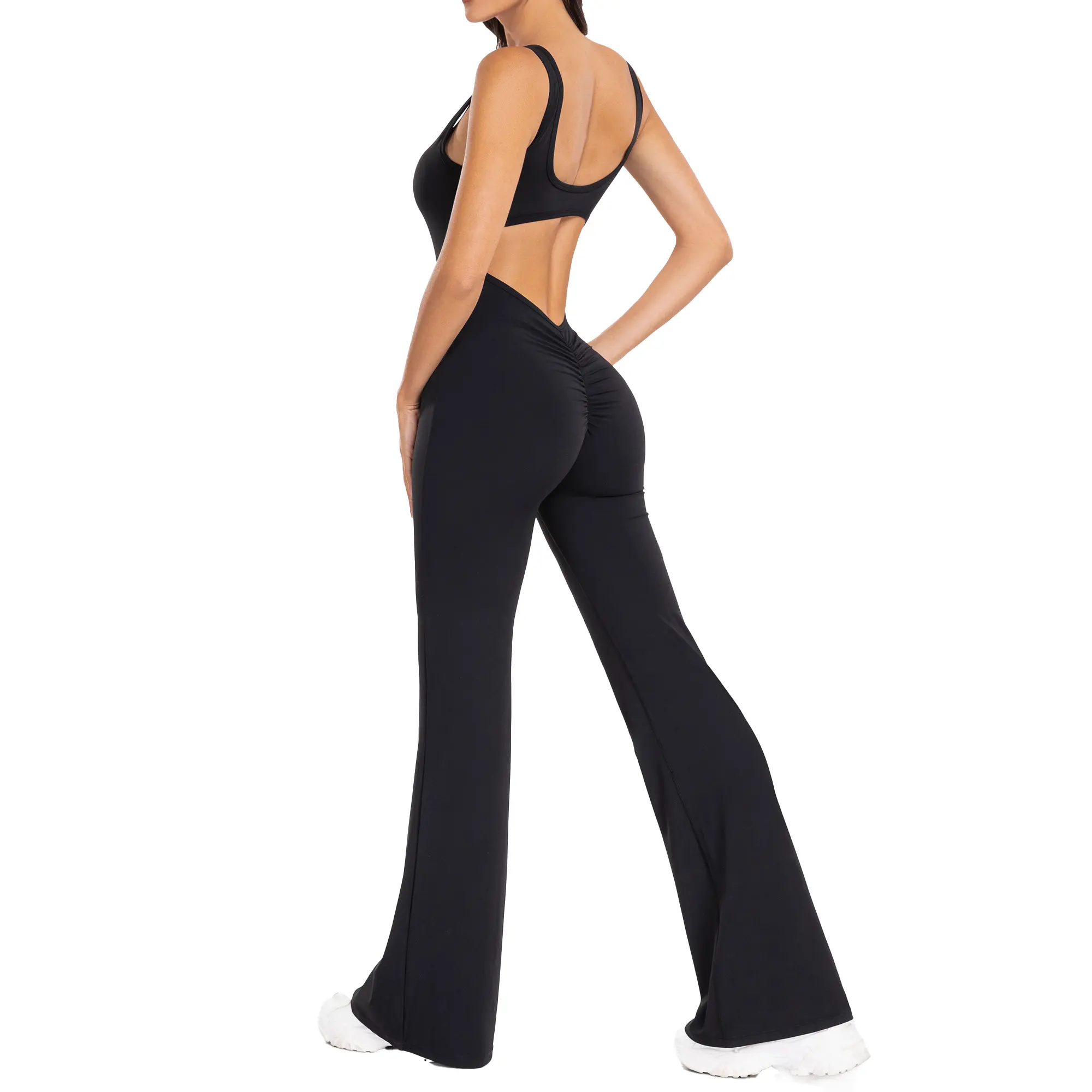SeSe Code Women Sexy Backless Flare Jumpsuits Sleeveless Scrunch Butt Yoga Rompers