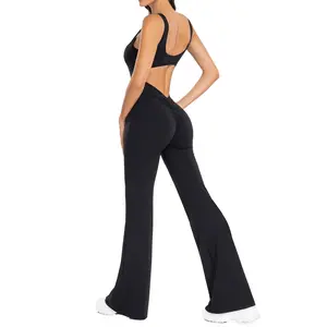 SeSe Code Women Sexy Backless Flare Jumpsuits Sleeveless Scrunch Butt Yoga Rompers
