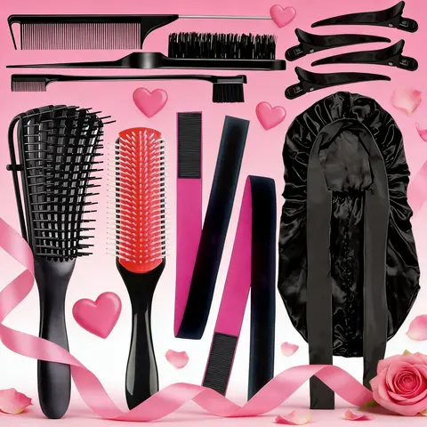 12Pcs Hair Comb Set, Hair Styling Combs, Nylon 9-Row Comb, Octopus Scalp Massager Comb, Rat Tail Comb, Double Sided Comb, Hair Brushes, Hair Clips, Hair Band, Hair Net, Satin Sleep Cap, Hair Styling Tools for Hair Grooming & Hairstyle Making