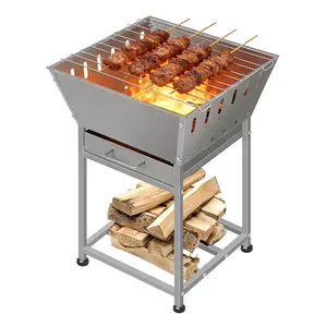 24 Inch Outdoor Fire Pit with Grill, Stainless Steel Square Fire Pit, 3-in-1 Wood Burning Fire Pits with Ash Pan and Wood Storage, Portable Fire Pit for Camping Backyard Patio Bonfire and BBQ