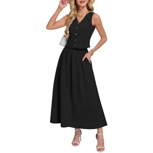 MOLERANI Women's Summerwear Sleeveless V Neck Button Down 2-Piece Outfit with Functional Pockets, Flowy Maxi Dress Set - Minimalist, Womenswear Fitted Suit