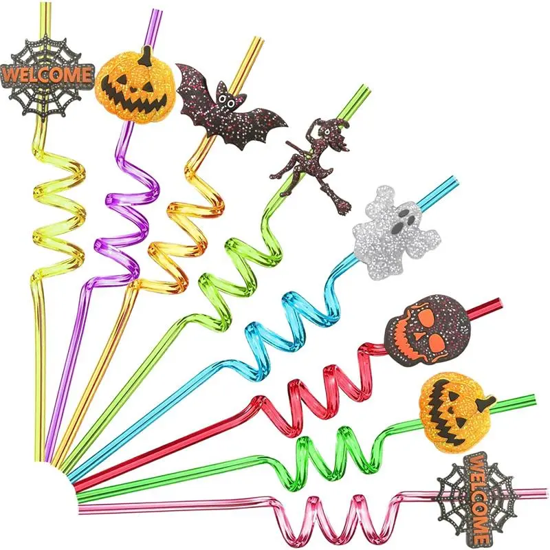 24Pcs Bling Glitter Halloween Party Favors Straws Bats Pumpkin Witch Ghost Straws for Halloween Party Supplies Birthday Party Decoration with 2 Cleaning Brush.