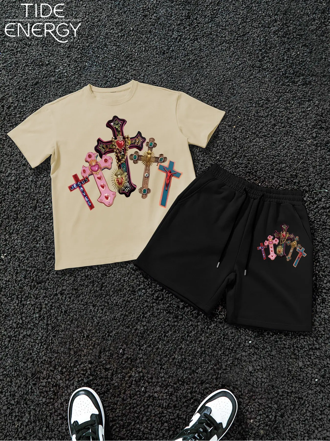 Men's Vintage Gothic Cross & Sacred Heart Print Set, Loose Fit Street Style, Jesus Saves Text, Summer Fashion