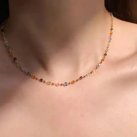 Fashion Trendy Colorful Square Artificial Crystal Beaded Necklace, Simple Design Women's Elegance Daily Party Versatile Jewelry, Trendy Charms Necklace, Shining Necklace