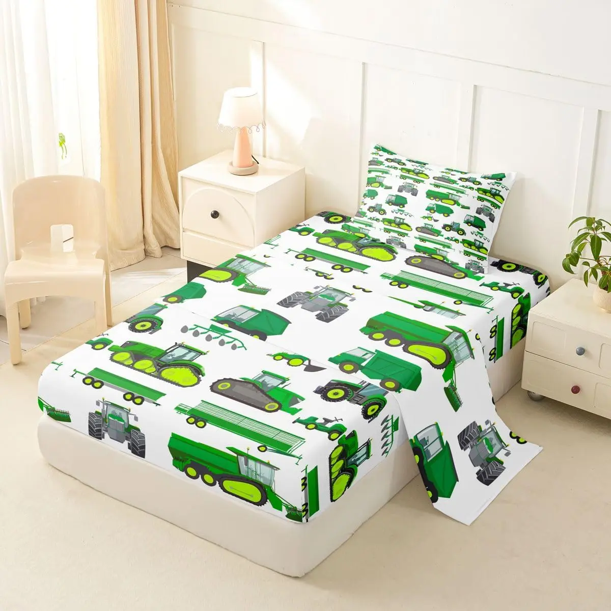 Tractor Bed Sheets Cartoon Construction Truck Vehicle Sheet Set Green Yellow Excavator Car Fitted Sheet,Luxury Microfiber Heavy Machinery 's Sheet Room Decor