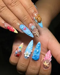 Ocean Beach Press On Nails, 3D Sea Shell Turtle Nail Art, Hand Painted Summer Nails, Tropical Vacation Nail Set, Handmade Long Nails, Gift.