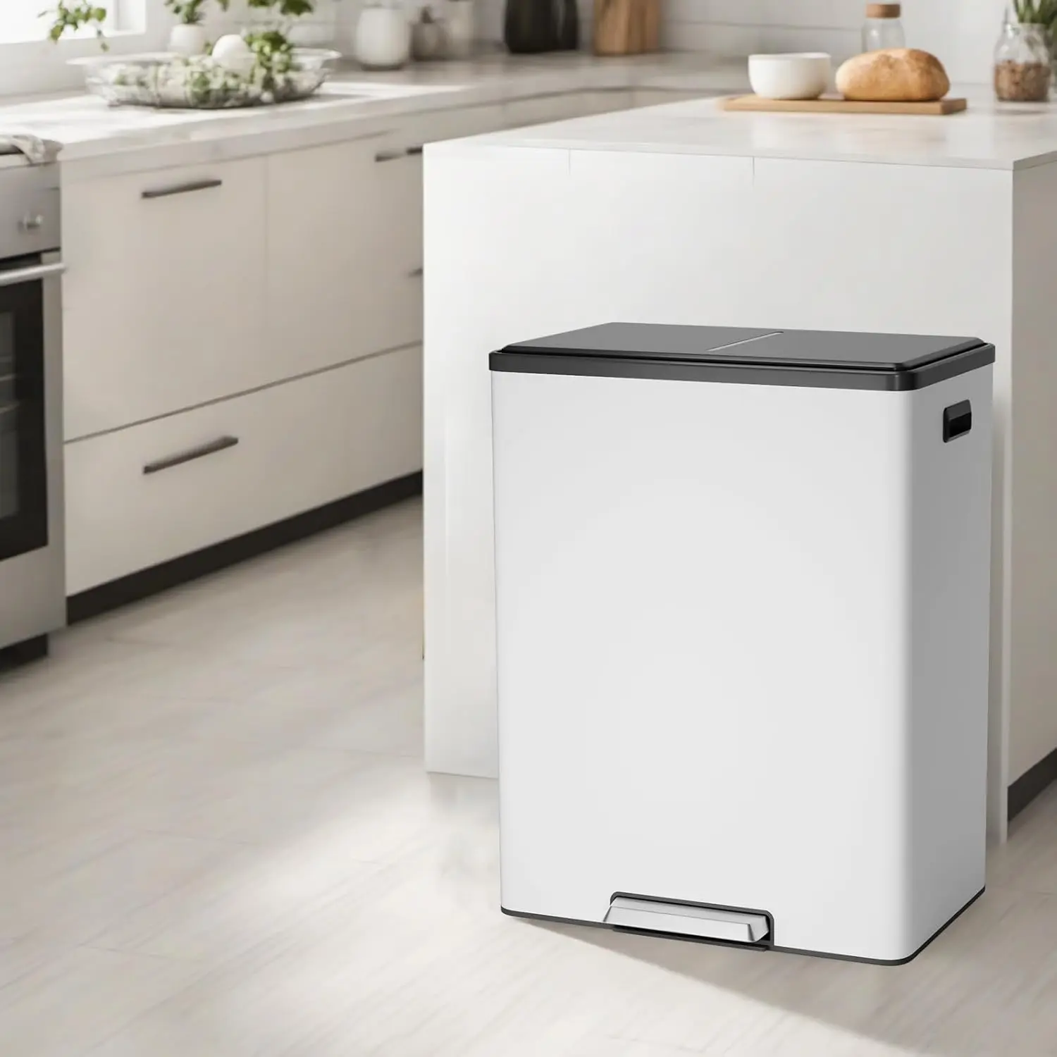 60L (16 gal) Durable Fingerprint-Proof Stainless Steel Automatic Recycling Bin - Pedal-Open Dual Compartment, Soft-Close Lid, 2 Removable Waste Sorting Baskets, Automatic Dustbin for Kitchen, Bathroom Home Supplies (White), 60L (16 Gallon)