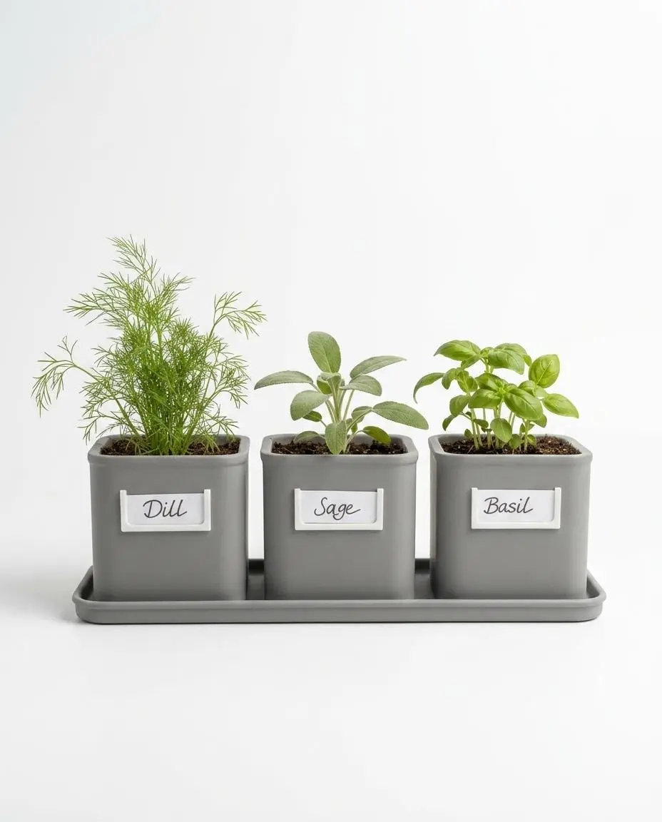 Self Watering Herb Planter Set – 3 Pot Indoor Herb Garden with Drip Tray, Modern Minimalist