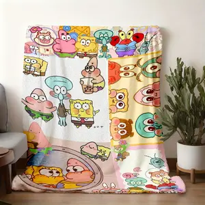 2026 New Arrival Collage of cute SpongeBob character illustrationsPrint BlanketNordic Minimalist Flannel Throw, Winter Office Nap Blanket for Men & Women, Ultra-Soft Double-Sided Fleece, Cozy Warm P