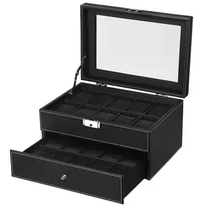20-Slot Watch Box for Men – Glass Top Display Case with Lock | Faux Leather & Velvet Interior | Holds 20 Watches (Black) – Perfect for Collectors & Shops