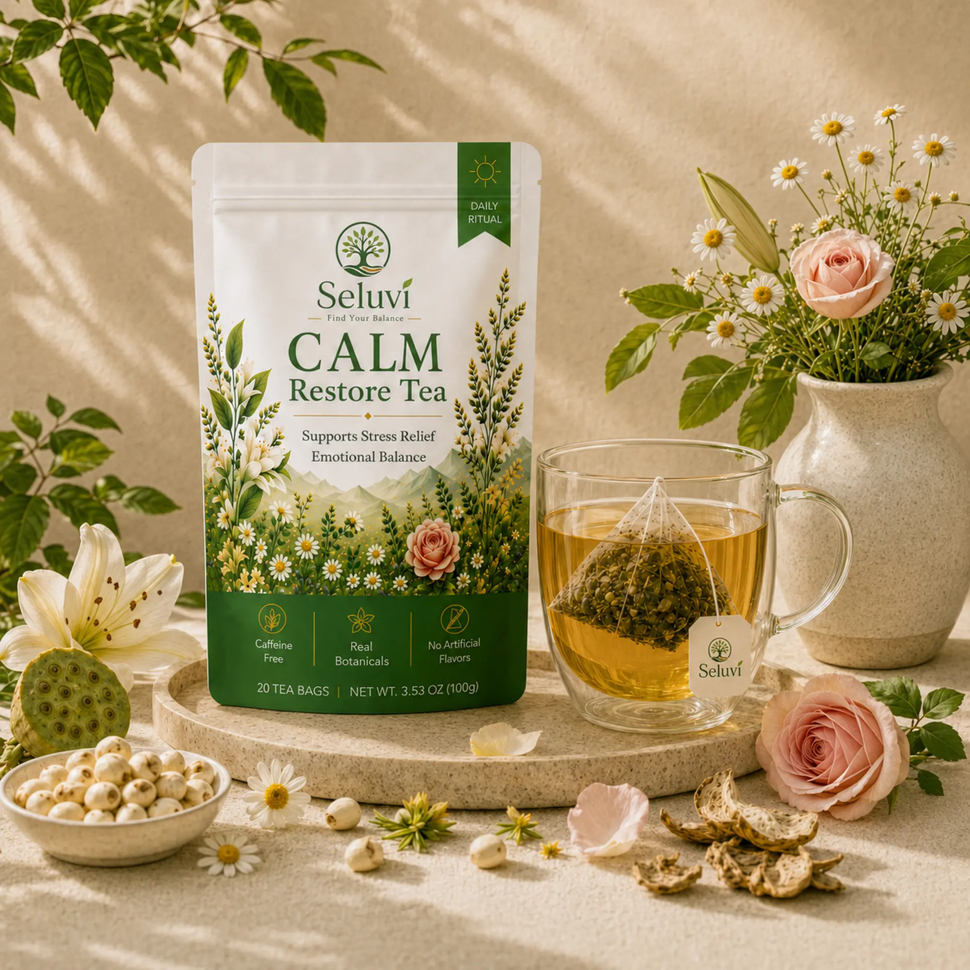 Seluvi Calm Restore Tea | Caffeine-Free Herbal Tea for Daytime Relaxation & Everyday Balance | Lotus Seed, Chamomile, Rose & Osmanthus | 20 Pyramid Tea Bags, 5g Each