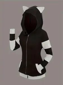 Women’s cute cat-ear zip hoodie, color-block sweatshirt, soft warm jacket, comfortable street style