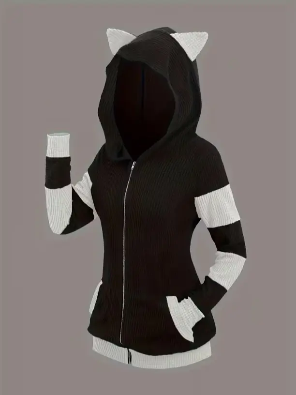 Women’s cute cat-ear zip hoodie, color-block sweatshirt, soft warm jacket, comfortable street style