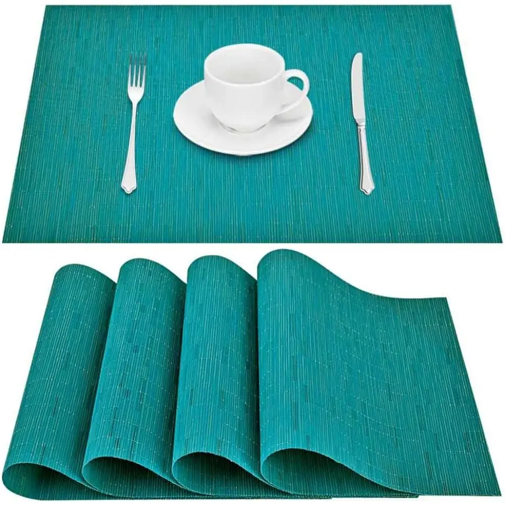 Turquoise PVC Vinyl Placemats & Coasters Set (4-Piece Rectangle) - 10% Thicker, Heat-Resistant Woven, Non-Slip, Durable, Solid, Can Bend/Cut, Brush or Hand Wash for Dining, Kitchen Tables (Machine Wash Prohibited), Do Not Wash In Machine