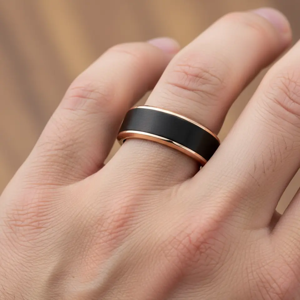Tungsten Ring Black Brushed | Rose Gold Stepped Edge Men's Wedding Band, Promise Rings For Him, 8mm Tungsten Engagement Ring, Anniversary Band for Men