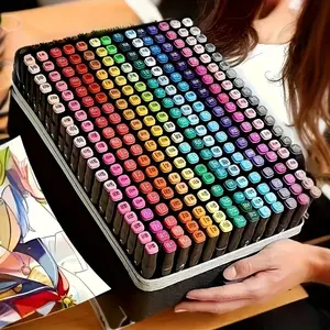 24, 60 colors of art markers, Dual Tip Marker, Double-ended drawing pen set, suitable for drawing, coloring, stippling, illustration, animation, and professional art applications. Comes with a base for easy storage. Oil-based ink, made of polypropylene