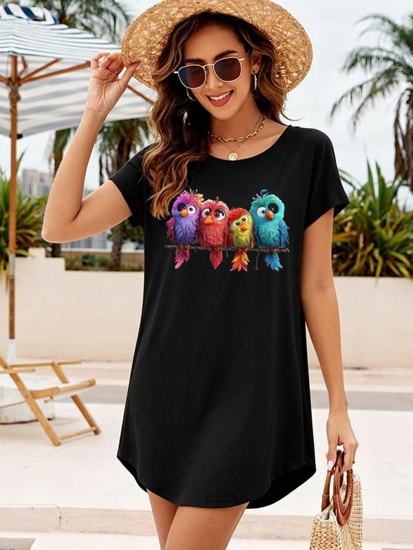 Women's Short-Sleeve A-Line Tunic Dress - Round Neck, Loose Fit, Mini Length, Fluffy Anti-Pilling Elastane Breathable Blend Fabric, Smooth Curved Hem, Whimsical Cartoon Birds Print, Elegance Basic Style, Daily Beach Use, Machine Washable, Sohochic