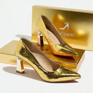 Xovipam Gold Crackle Metallic Pointed Toe Pumps Bold Heels for Party & Night Out