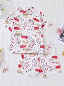 Burger Food Print Pajama Set, 2pcs Short Sleeve Collared Top with Loose Shorts, Fun Stylish Loungewear for Home Party Wear