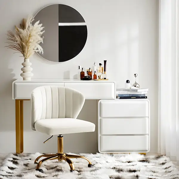 TINA'S HOME Velvet Shell Vanity Chair for Save Space, Low Back Swivel Rolling Chair with Wheels& Gold Base, Adjustable Height, Armless