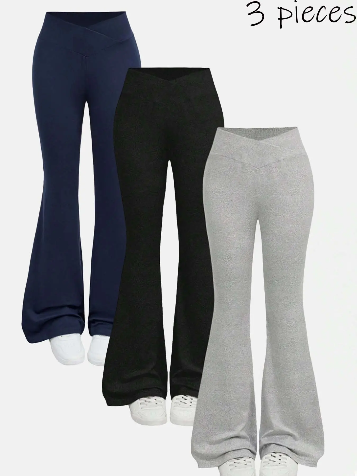Girls' Knitted Material Solid Color Elastic Waistband Bell Bottom Design 3 Pack Pants, Fashion Simple Casual Wear, All Seasons, Dry Clean