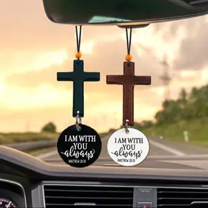 Bible Verse Car Rearview Hanging Cross Ornament "I Am With You Always" Carving Hand-Sanded Christian Accessory for Car Mirror Decor Spiritual Touch Ideal Gift for Holidays - Automotive
